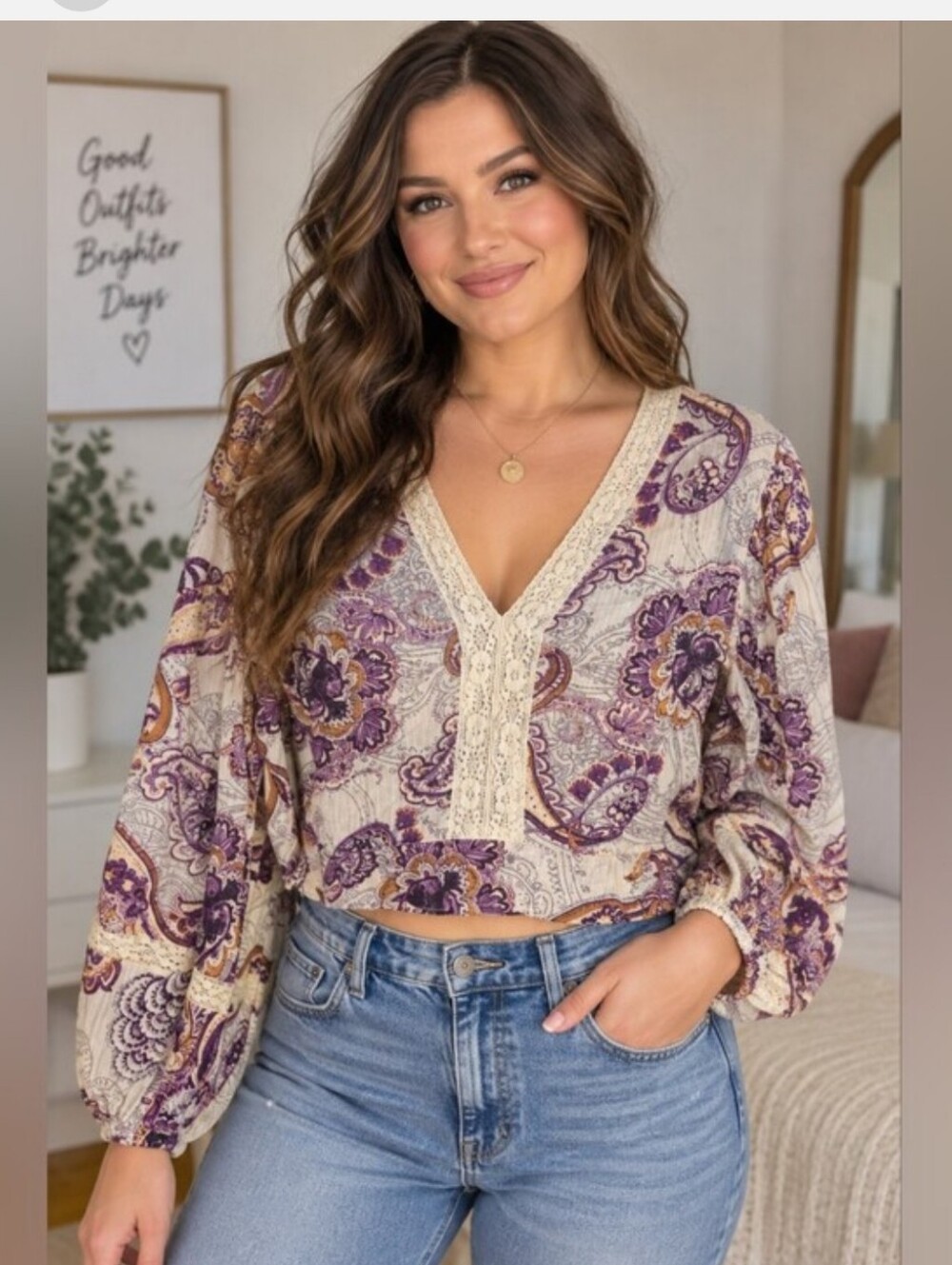 Band of the Free Blouse XS NWT Cream Purple Paisley Boho Balloon Sleeve Top